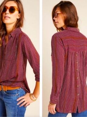 Anthropologie Striped Button-Up Black Top Tagged 1X Fits like a size Large.